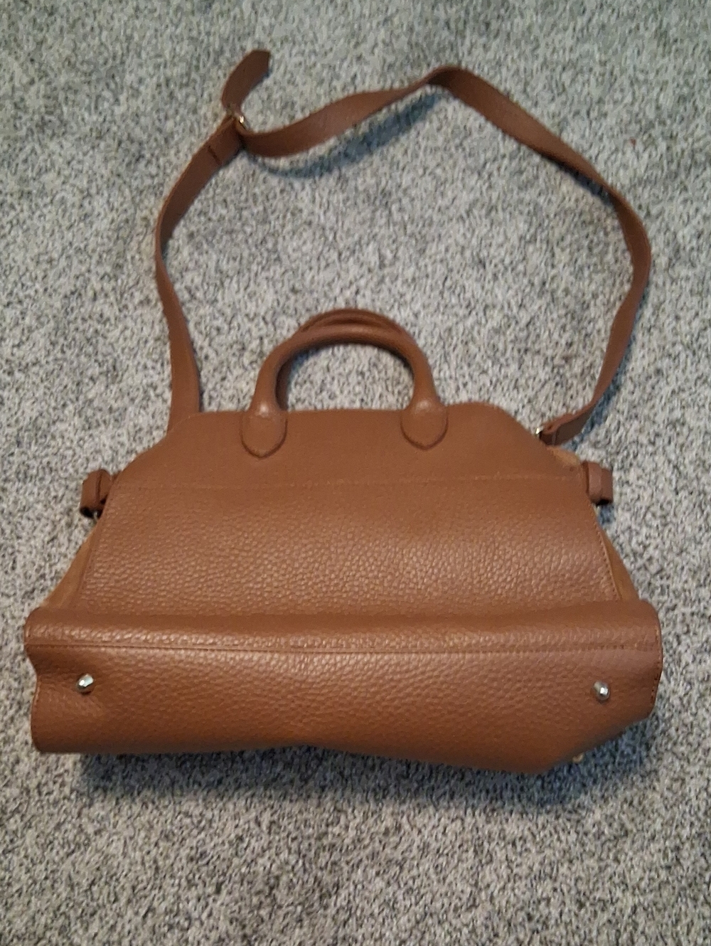 Structured Tan Pebble Leather Satchel with Top Handle & Strap